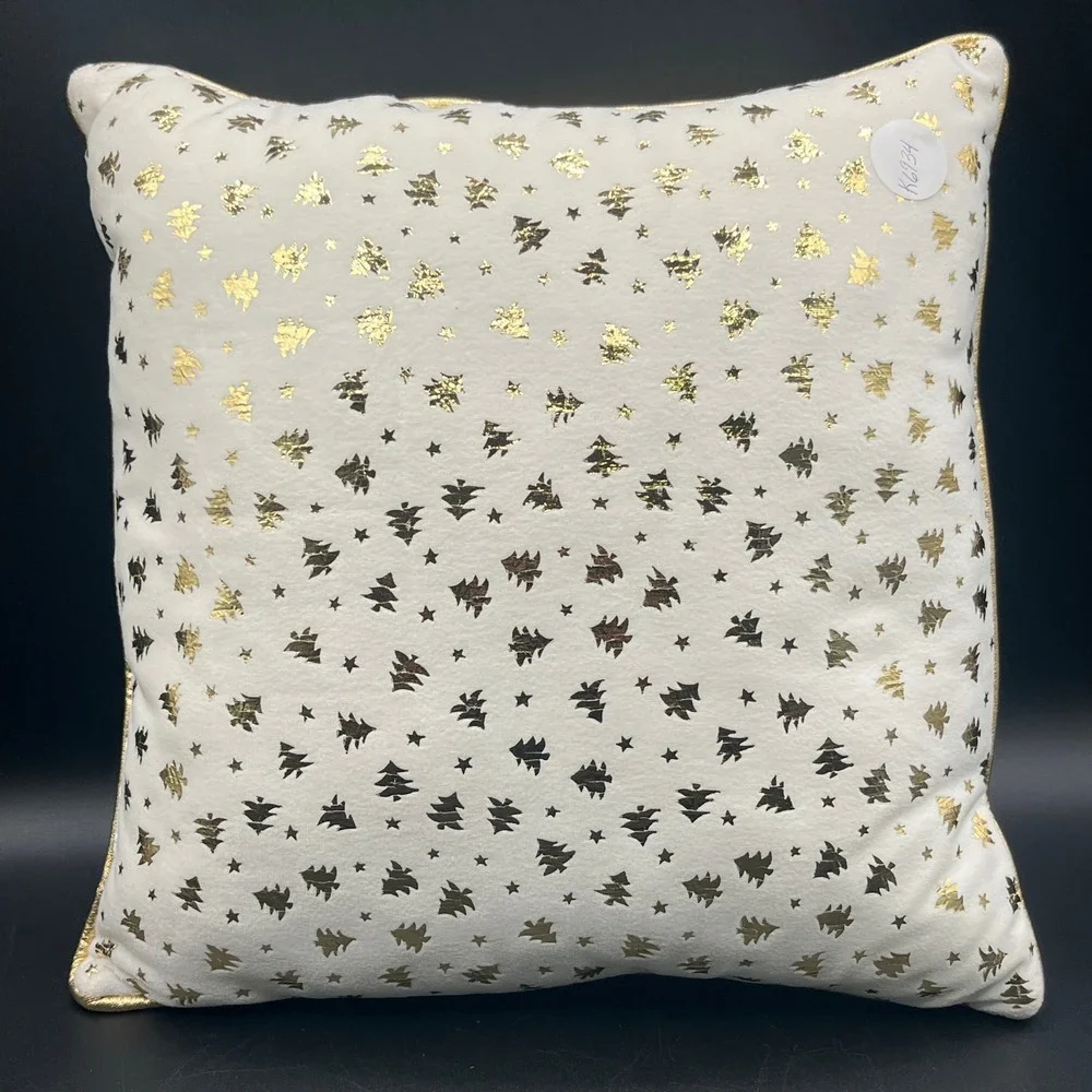 Gold & White Christmas Tree Pattern Pillow Metallic Faux Leather Back 12